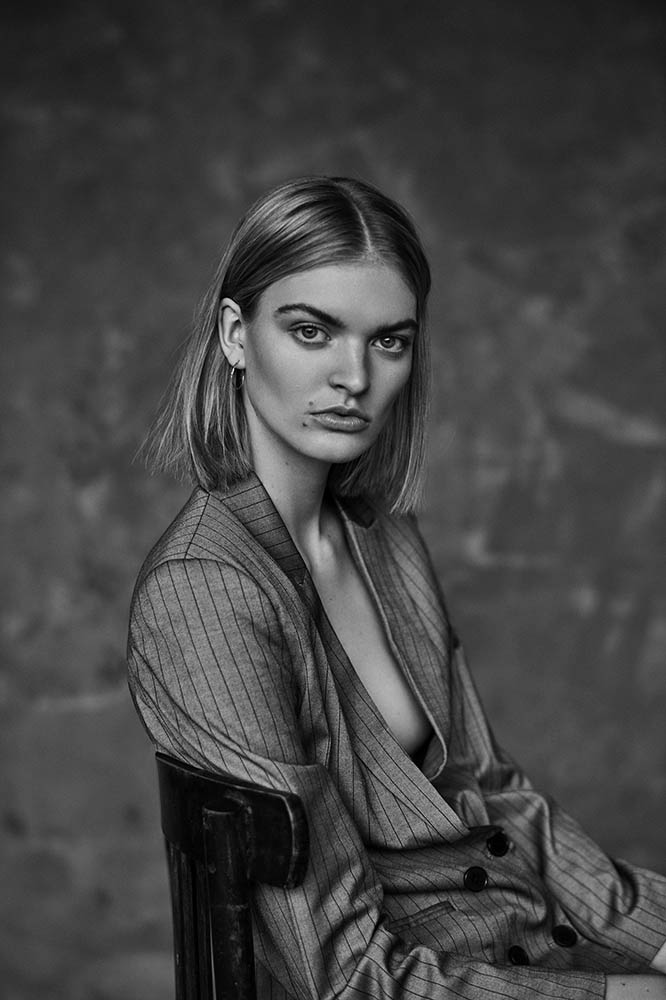 Model Juliane Grüner in black and white fashion editorial by danish fashion photographer Henrik Adamsen